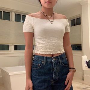 Monki off the shoulder white ribbed crop top
